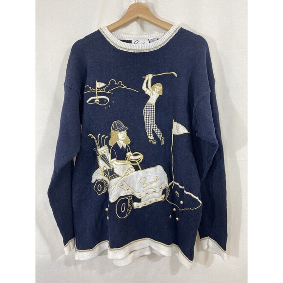 Unbranded Sweaters - Vtg Par Four Golf Sweater Golfer Embroidered Navy Old Money Ugly Sweater Navy OS